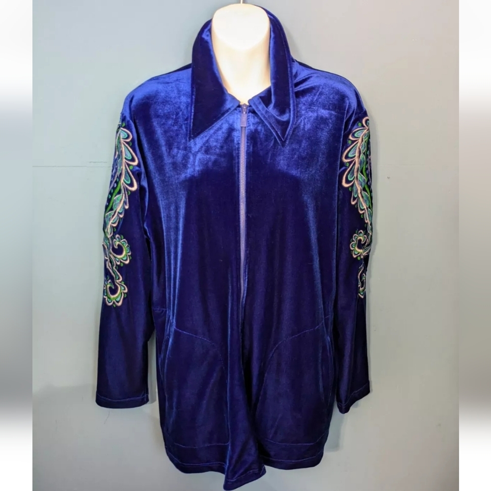 Vintage Bob Mackie Wearable Art MD Blue Embroidered Velvet Full Zip Jacket #W21